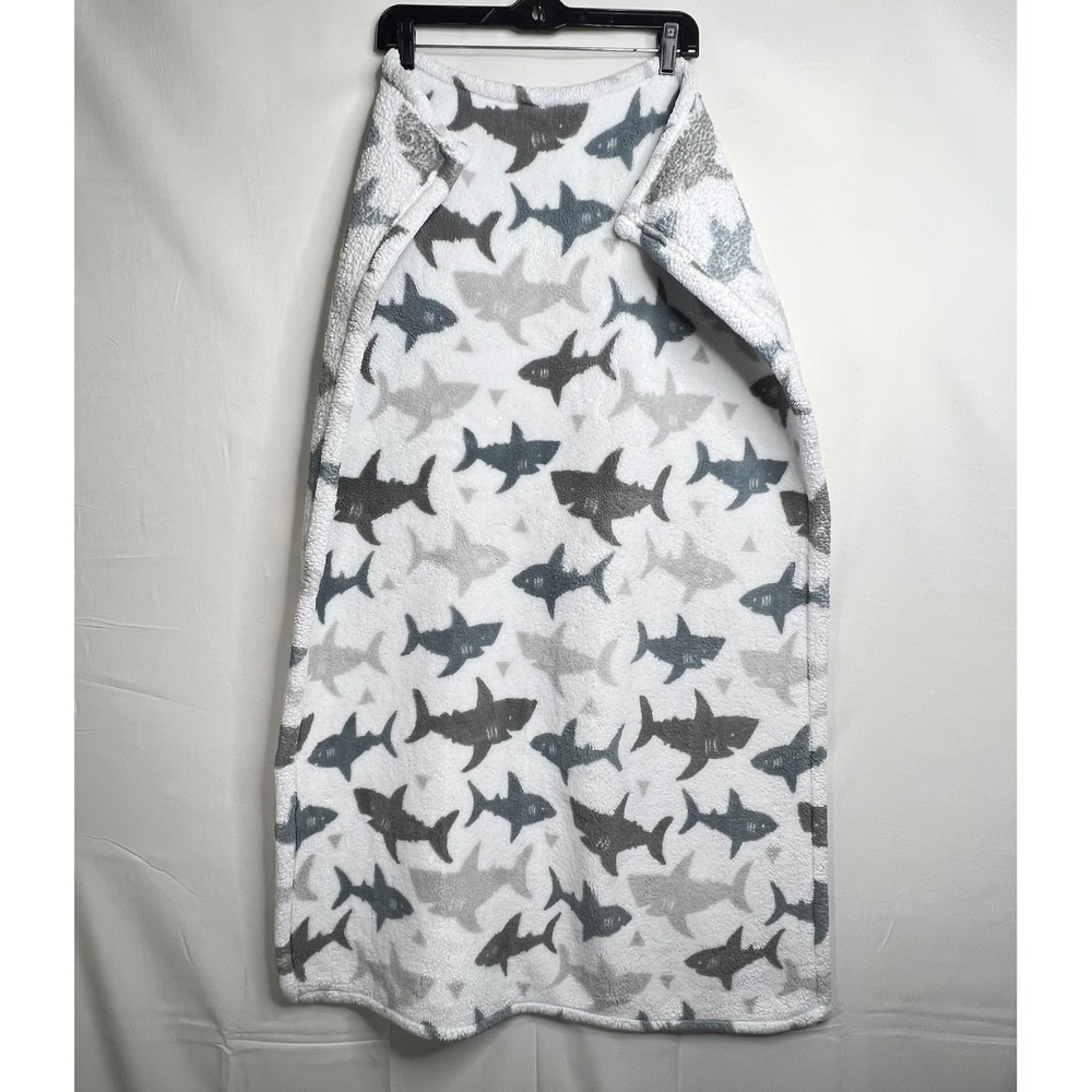THRO Shark Baby Blanket 28x40 Loft Fleece Nursery Decor Gray White Monochrome